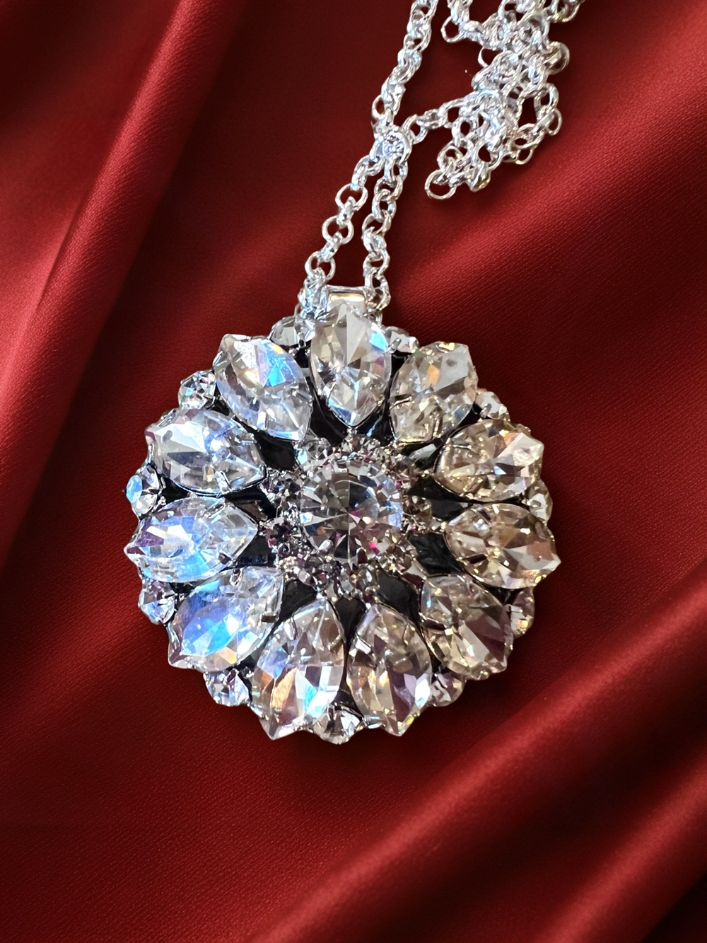 Vintage Costume Jewelry Crystal Floral Pendant Necklace - Sparkling Statement